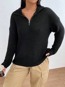 SHEIN EZwear Hơn Một nửa khóa kéo Thả vai Áo len - màu đen - Xem 4