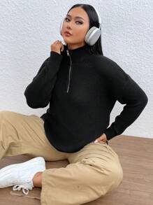 SHEIN EZwear Hơn Một nửa khóa kéo Thả vai Áo len - màu đen - Xem 5