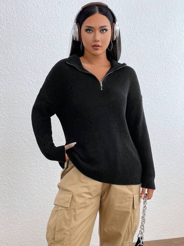 Plus Half Zip Drop Shoulder Sweater