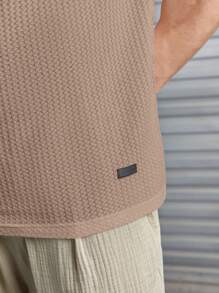 宽松男士字母拼接华夫格针织T恤，情侣装 - 杏色 - 查看 6