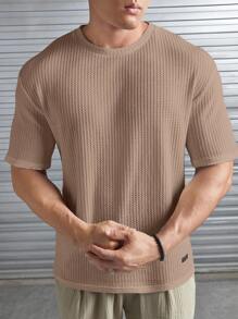 宽松男士字母拼接华夫格针织T恤，情侣装 - 杏色 - 查看 5