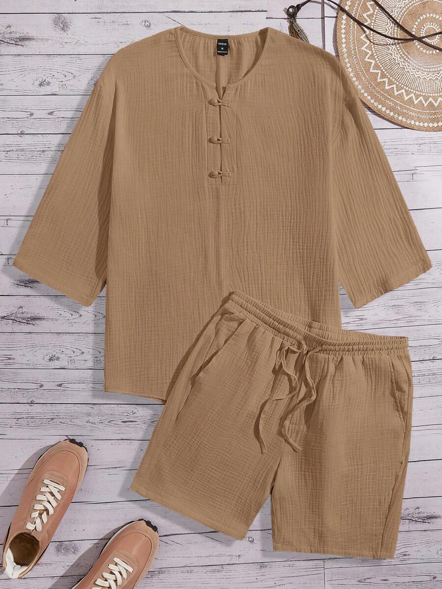 GENTILAND Loose Fit Men's Half Button Shirt And Drawstring Waist Shorts Set - Khaki - View 1