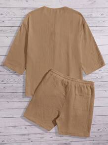 GENTILAND Loose Fit Men's Half Button Shirt And Drawstring Waist Shorts Set - Khaki - View 2
