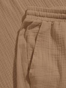 GENTILAND Loose Fit Men's Half Button Shirt And Drawstring Waist Shorts Set - Khaki - View 3