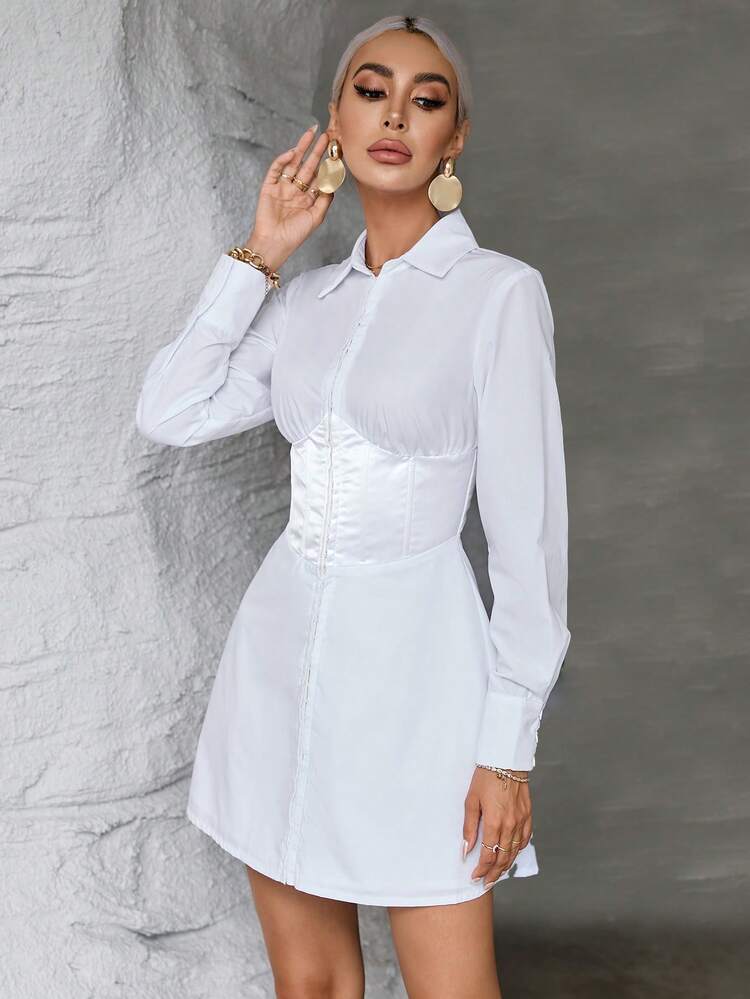 white shirt dress with corset Dylan Corset Shirt Mini Dress - White/Black