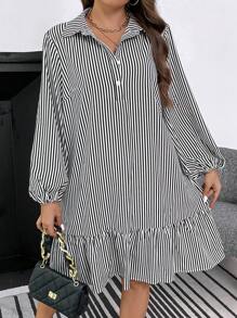 SHEIN LUNE Plus Nadruk w paski Rękaw latarnia Falbankowy brzeg Sukienka z falbanką