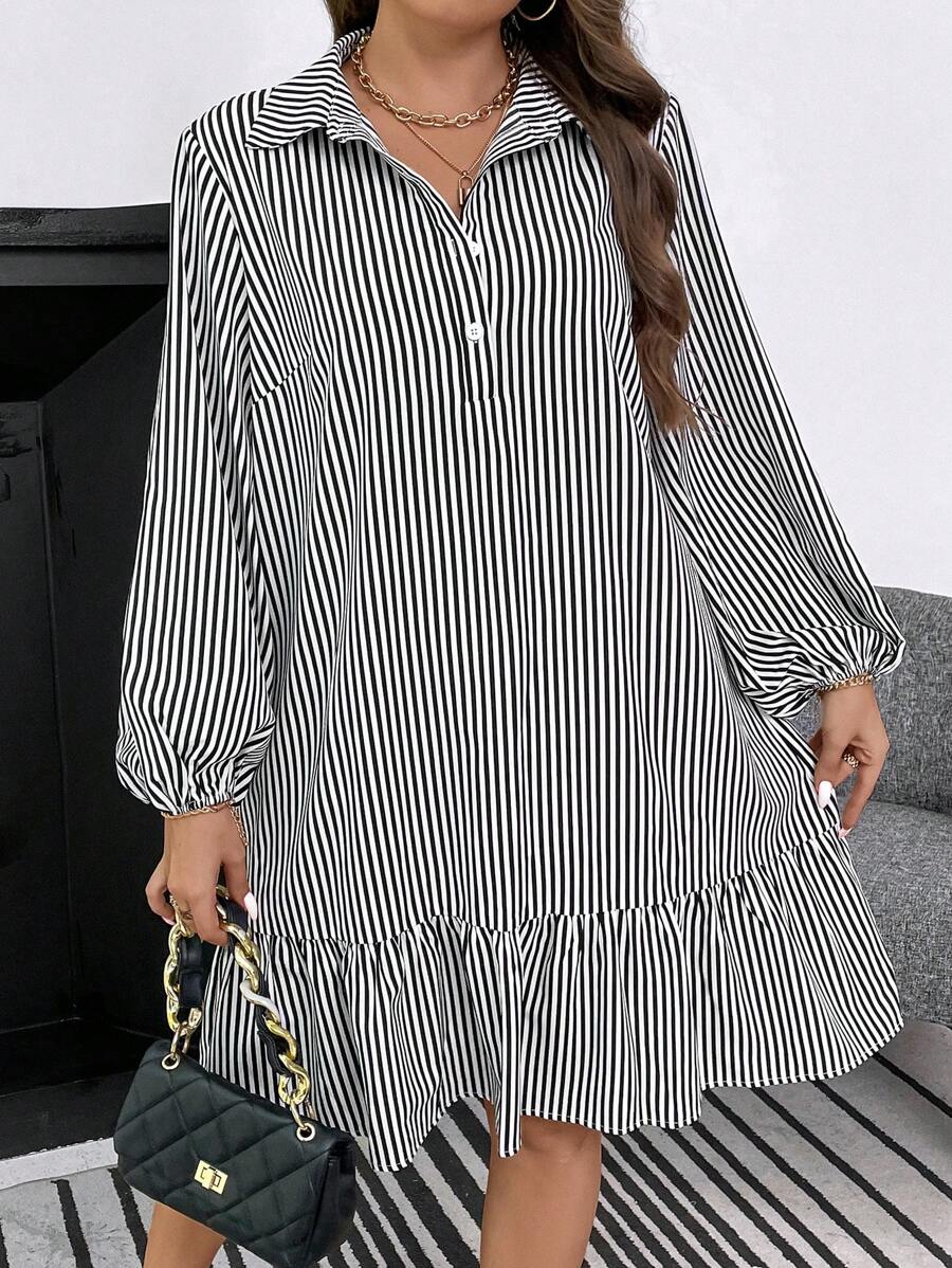 SHEIN LUNE Plus Nadruk w paski Rękaw latarnia Falbankowy brzeg Sukienka z falbanką