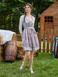 SHEIN Frenchy Floral Embroidery Lace Up Front Belted Dress Country Dress - Baby Blue - View 3