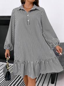 SHEIN LUNE Plus Nadruk w paski Rękaw latarnia Falbankowy brzeg Sukienka z falbanką