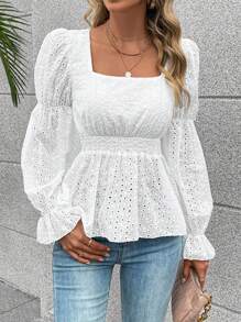 Breezaya 方领 喇叭袖 荷叶边 雪菲 衬衫 荷叶边 上衣 - 杏色 - 查看 3