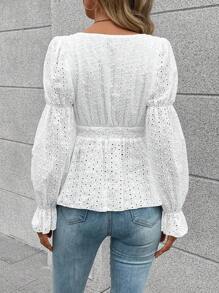 Breezaya 方领 喇叭袖 荷叶边 雪菲 衬衫 荷叶边 上衣 - 杏色 - 查看 2