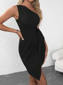 SHEIN Clasi Women Dresses Asimetris Berikat Membungkus Plain Anggun - Hitam - View 4