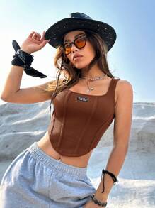 SHEIN EZwear Chi tiết Patched thư Curved Hem Áo ba lỗ - Cà phê nâu - Xem 4