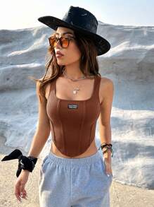 SHEIN EZwear Chi tiết Patched thư Curved Hem Áo ba lỗ - Cà phê nâu - Xem 6
