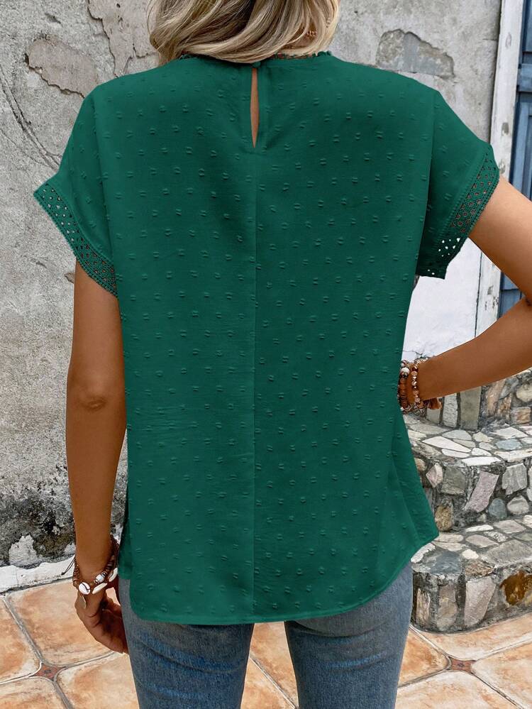Swiss Dot Contrast Guipure Lace Batwing Sleeve Blouse