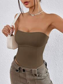 SHEIN EZwear 素色條紋針織抹胸上衣 - 巧克力棕 - 查看 1