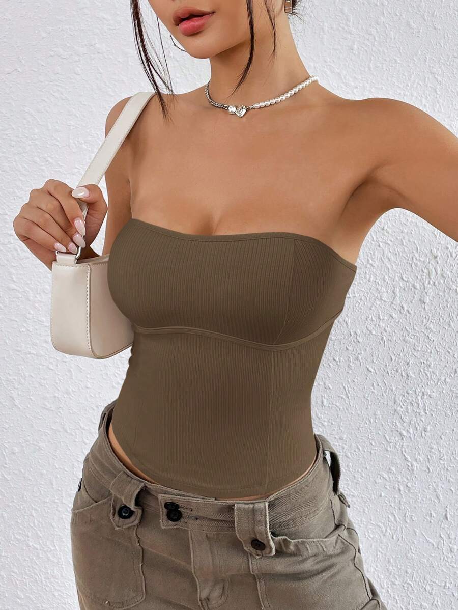 SHEIN EZwear 素色條紋針織抹胸上衣 - 巧克力棕 - 查看 1