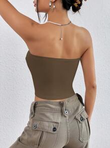 SHEIN EZwear 素色條紋針織抹胸上衣 - 巧克力棕 - 查看 2