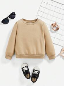 嬰兒男童休閒長袖圓領毛衣,無圖案,適合秋冬季穿著 - 卡其色 - 查看 1