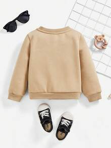 嬰兒男童休閒長袖圓領毛衣,無圖案,適合秋冬季穿著 - 卡其色 - 查看 2