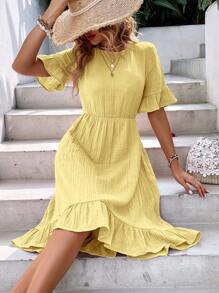 SHEIN LUNE 休閒鈕扣 前短後長 揉皺 荷葉邊純色女士連衣裙 - 芥末黃 - 查看 1