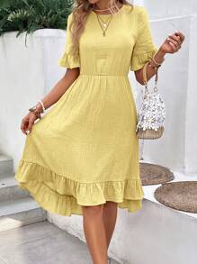 SHEIN LUNE 休閒鈕扣 前短後長 揉皺 荷葉邊純色女士連衣裙 - 芥末黃 - 查看 3