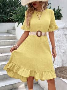 SHEIN LUNE 休閒鈕扣 前短後長 揉皺 荷葉邊純色女士連衣裙 - 芥末黃 - 查看 4