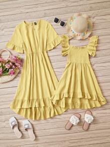 SHEIN LUNE 休閒鈕扣 前短後長 揉皺 荷葉邊純色女士連衣裙 - 芥末黃 - 查看 6