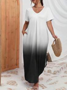 SHEIN Holidaya Plus Ombre Hidden Pocket Curved Hem Tee Dress - Black and White - View 1
