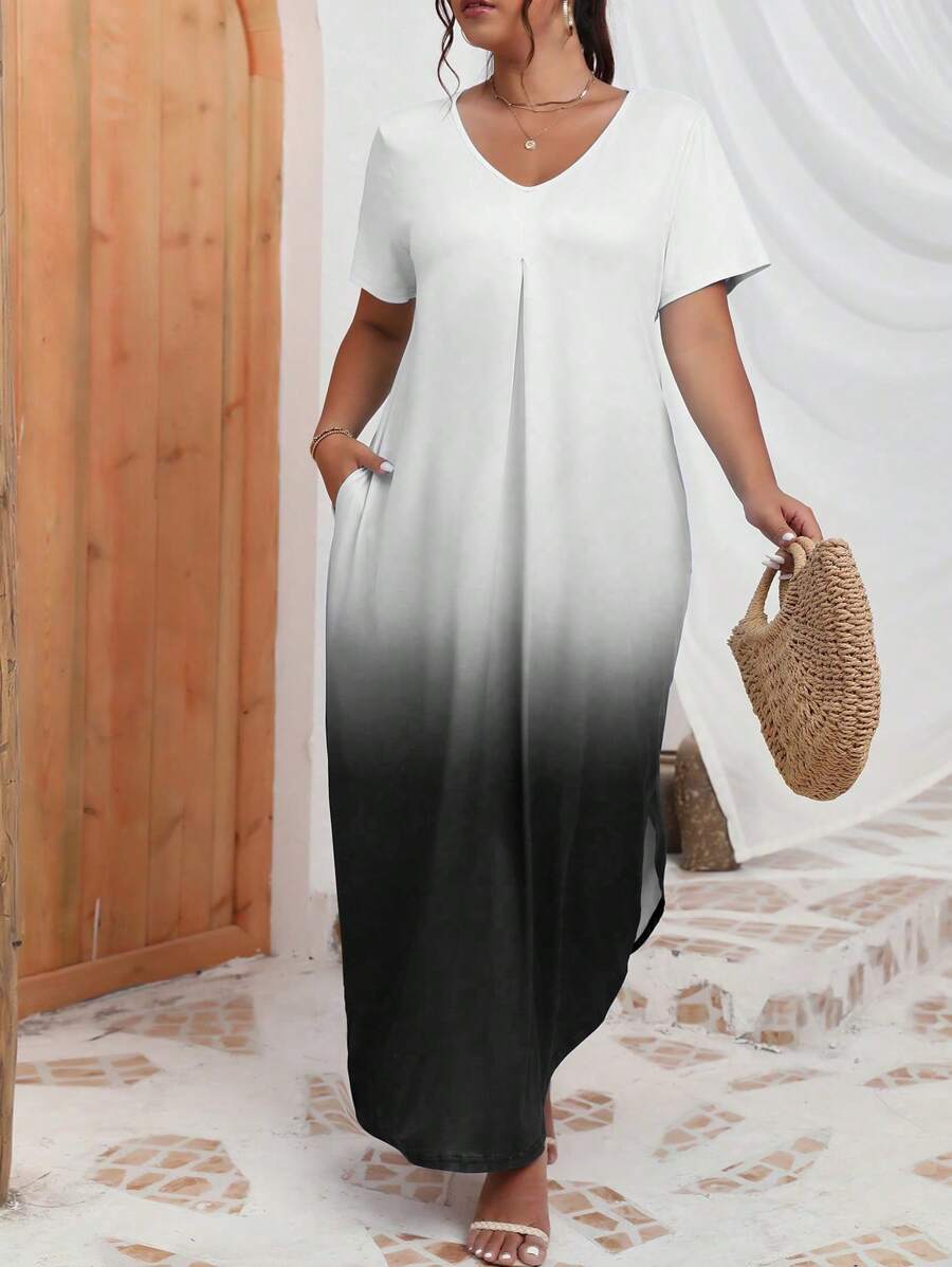 SHEIN Holidaya Plus Ombre Hidden Pocket Curved Hem Tee Dress - Black and White - View 1