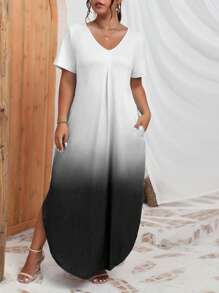 SHEIN Holidaya Plus Ombre Hidden Pocket Curved Hem Tee Dress - Black and White - View 3