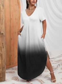 SHEIN Holidaya Plus Ombre Hidden Pocket Curved Hem Tee Dress - Black and White - View 4