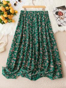 SHEIN Franclia Hơn In hoa Ditsy Eo đàn hồi Váy - màu xanh lá - Xem 2