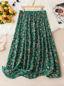 SHEIN Franclia Hơn In hoa Ditsy Eo đàn hồi Váy - màu xanh lá - Xem 3
