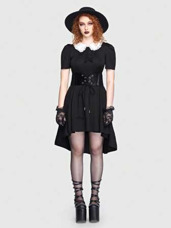 Goth Contrast Collar Puff Sleeve Dress