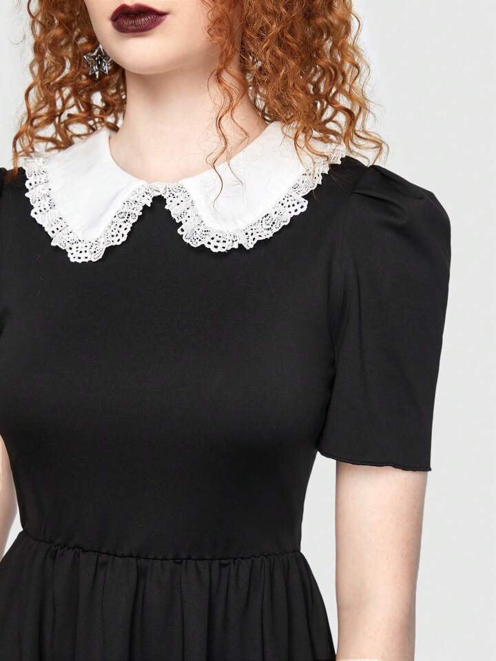 Our Goth Contrast Collar Puff Sleeve Dress is such a vibe ROMWE