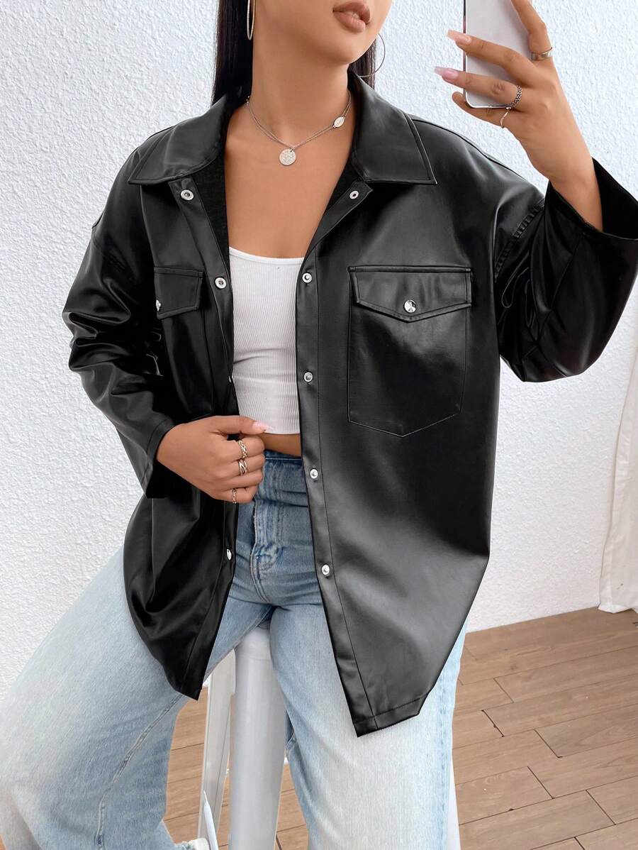 SHEIN EZwear Hơn Túi có nắp Thả vai chất liệu da PU áo - màu đen - Xem 1
