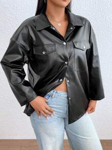 SHEIN EZwear Hơn Túi có nắp Thả vai chất liệu da PU áo - màu đen - Xem 4