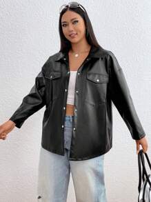 SHEIN EZwear Hơn Túi có nắp Thả vai chất liệu da PU áo - màu đen - Xem 5