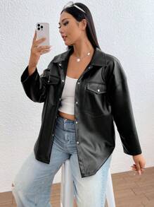 SHEIN EZwear Hơn Túi có nắp Thả vai chất liệu da PU áo - màu đen - Xem 3