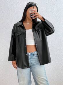 SHEIN EZwear Hơn Túi có nắp Thả vai chất liệu da PU áo - màu đen - Xem 6