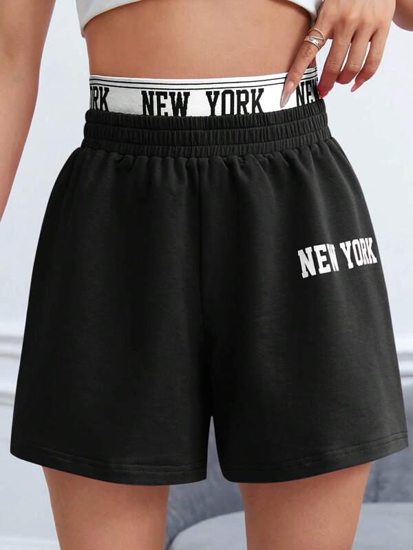 SHEIN EZwear Pantaloni scurți cu litere grafice cu bandă de contrast în talie