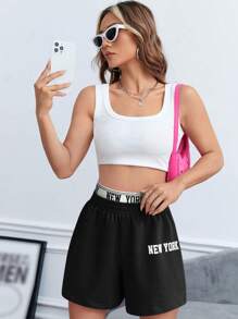 SHEIN EZwear Letter Graphic Contrast Tape Waist Track Shorts