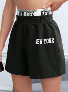 SHEIN EZwear Letter Graphic Contrast Tape Waist Track Shorts