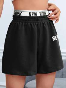 SHEIN EZwear Letter Graphic Contrast Tape Waist Track Shorts