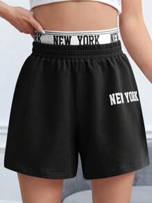 SHEIN EZwear Letter Graphic Contrast Tape Waist Track Shorts