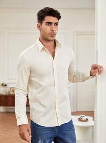 Manfinity NiteLyfe 休閒鈕扣純色男士襯衫 - 米色 - 查看 1