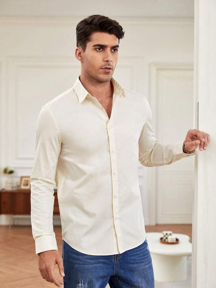 Manfinity NiteLyfe Men Solid Button Up Shirt - Beige - View 1