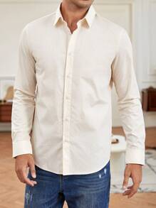 Manfinity NiteLyfe 休閒鈕扣純色男士襯衫 - 米色 - 查看 3