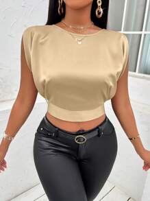 VaVaBold 素色後綁帶短款緞面襯衫 - 杏色 - 查看 4